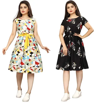 Stylish Crepe Abstract Print A-Line Dress For Women Pack Of 2