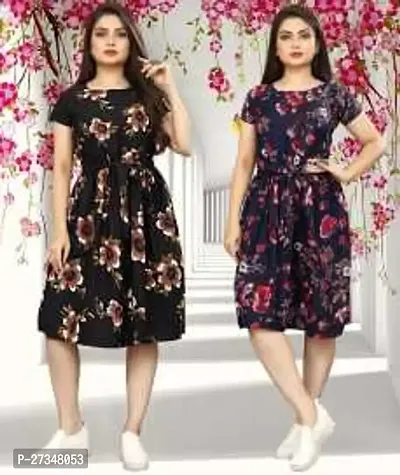Stylish Multicoloured Crepe Printed Dress For Women Pack Of 2