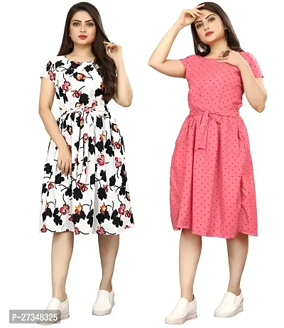 Stylish Multicoloured Crepe Printed Dress For Women Pack Of 2-thumb0