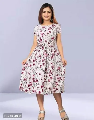 Stylish White Crepe Printed Fit And Flare Dress For Women