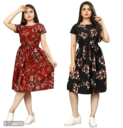 Stylish Multicoloured Crepe Printed Dress For Women Pack Of 2-thumb0