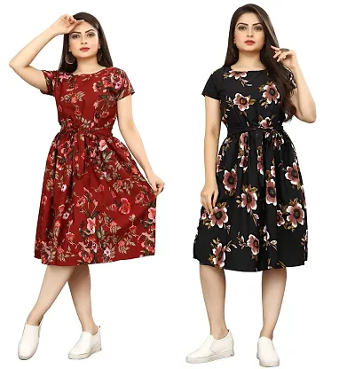 Stylish Crepe Abstract Print A-Line Dress For Women Pack Of 2