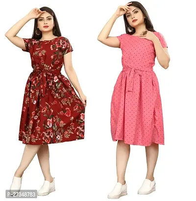 Stylish Multicoloured Crepe Printed Dress For Women Pack Of 2-thumb0