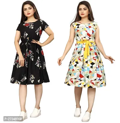 Stylish Multicoloured Crepe Printed Dress For Women Pack Of 2