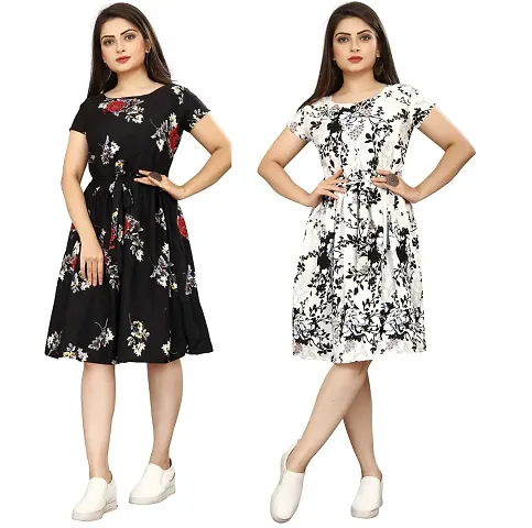 Stylish Crepe Abstract Print A-Line Dress For Women Pack Of 2