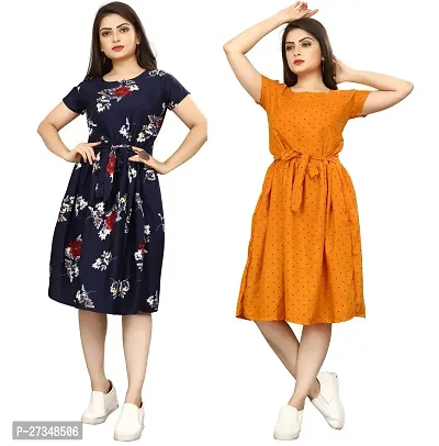 Stylish Multicoloured Crepe Printed Dress For Women Pack Of 2