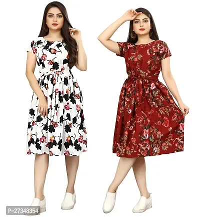 Stylish Multicoloured Crepe Printed Dress For Women Pack Of 2