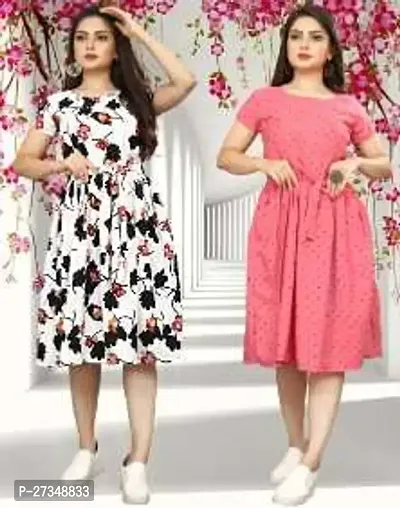 Stylish Multicoloured Crepe Printed Dress For Women Pack Of 2-thumb0