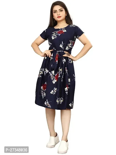 Stylish Navy Blue Crepe Printed Dress For Women-thumb0