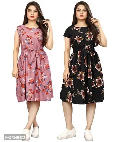 Stylish Multicoloured Crepe Printed Dress For Women Pack Of 2