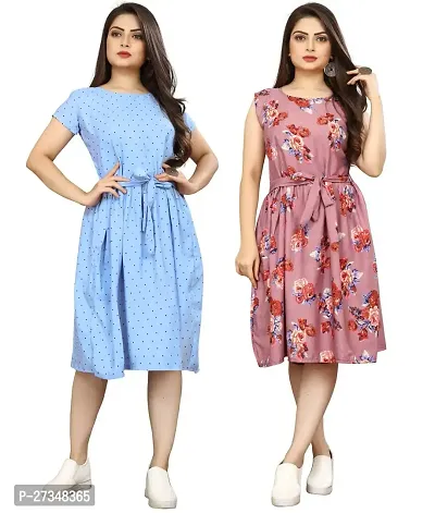 Stylish Multicoloured Crepe Printed Dress For Women Pack Of 2-thumb0