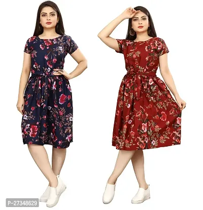 Stylish Multicoloured Crepe Printed Dress For Women Pack Of 2