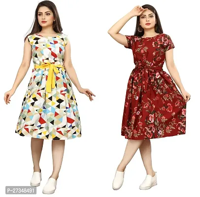 Stylish Multicoloured Crepe Printed Dress For Women Pack Of 2-thumb0