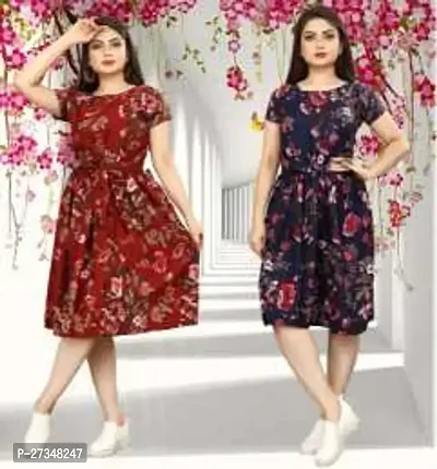 Stylish Multicoloured Crepe Printed Dress For Women Pack Of 2