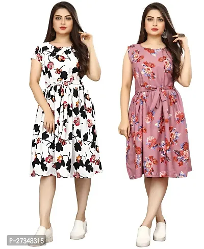 Stylish Multicoloured Crepe Printed Dress For Women Pack Of 2-thumb0