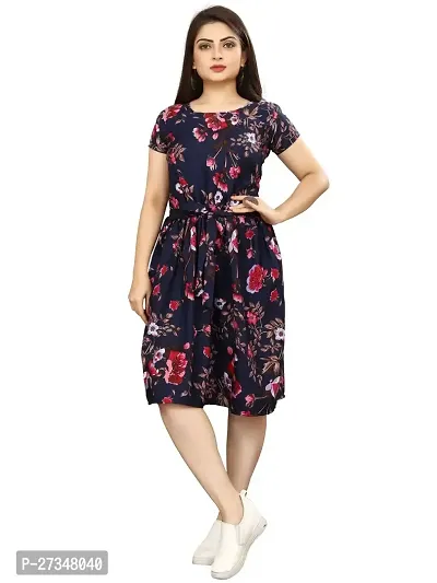 Stylish Navy Blue Crepe Printed Dress For Women-thumb0