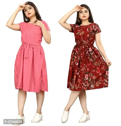 Stylish Multicoloured Crepe Printed Dress For Women Pack Of 2