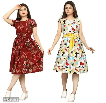 Stylish Multicoloured Crepe Printed Dress For Women Pack Of 2-thumb0