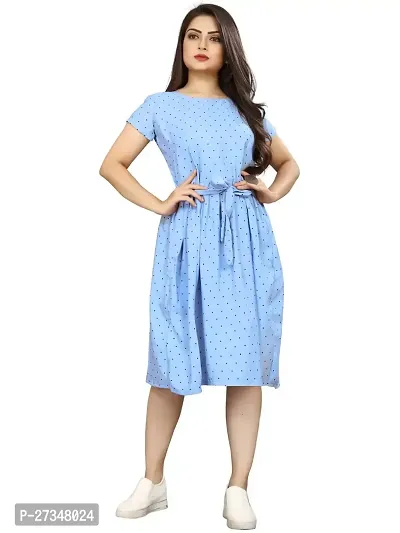 Stylish Blue Crepe Polka Dot Print Dress For Women-thumb0