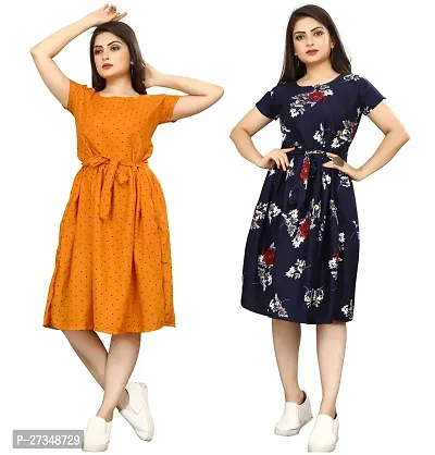 Stylish Multicoloured Crepe Printed Dress For Women Pack Of 2