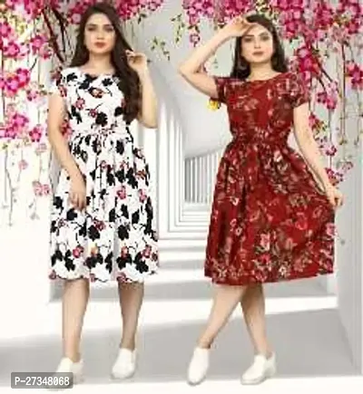 Stylish Multicoloured Crepe Printed Dress For Women Pack Of 2