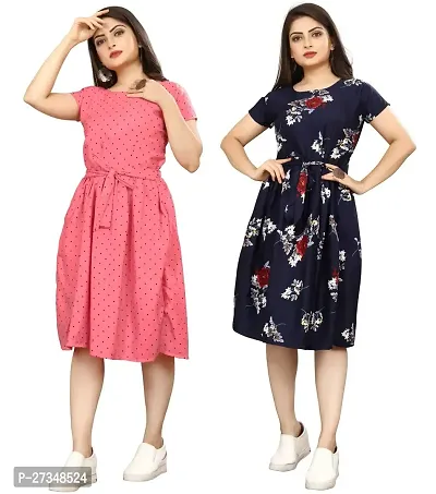 Stylish Multicoloured Crepe Printed Dress For Women Pack Of 2-thumb0