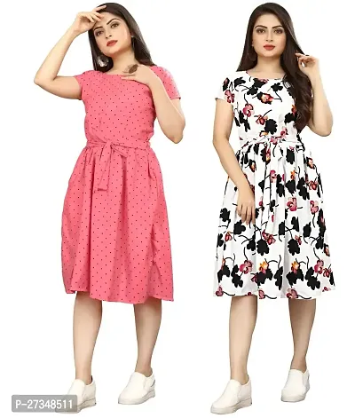 Stylish Multicoloured Crepe Printed Dress For Women Pack Of 2-thumb0