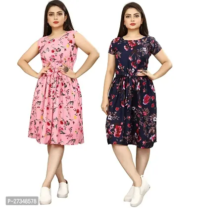 Stylish Multicoloured Crepe Printed Dress For Women Pack Of 2-thumb0