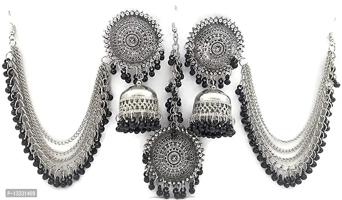 PUJVI Oxidised Black Bahubali Earring set