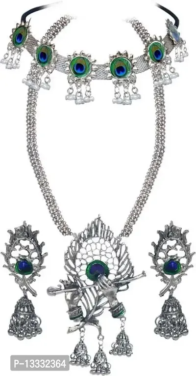 PUJVI Alloy Silver Contemporary/Fashion Necklace set Combo Choker [Kanha peacock combo necklace set]-thumb0