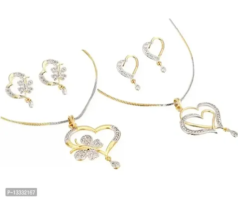 PUJVI Combo Of American Diamond Butterfly Heart or Double Heart Pendant Set