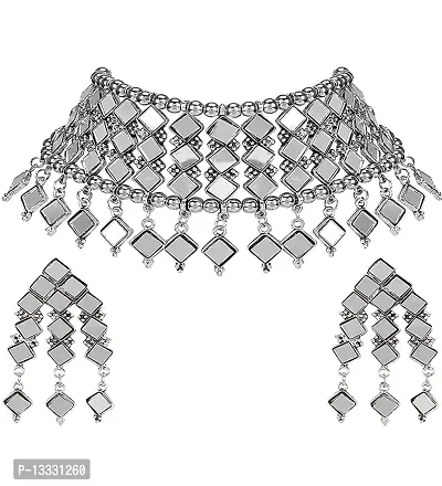 PUJVI Alloy Silver Contemporary/Fashion Necklaces Set Choker [oxidised Mirror Necklace]-thumb0