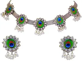 PUJVI Alloy Silver Contemporary/Fashion Necklace set Combo Choker [Kanha peacock combo necklace set]-thumb2