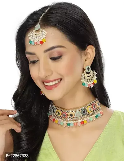 Pujvi Fashions Kundan Multicolor Stones Beads Choker Necklcae set