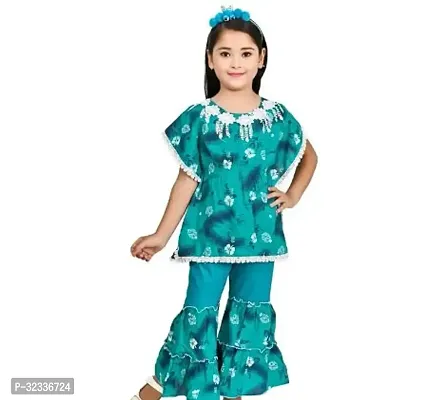 Beautiful Green Cotton Printed Top With Bottom Set For E9Girls-thumb0