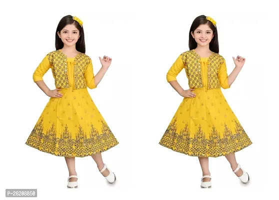 Fabulous Yellow Cotton Blend Printed Frocks For Girls Pack Of 2-thumb0