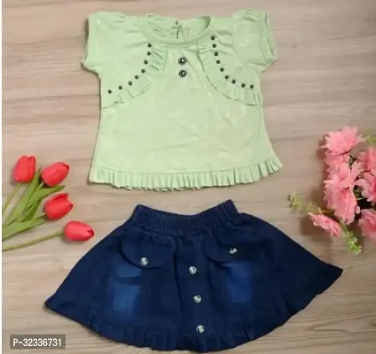 Beautiful Green Cotton Blend Self-Design Top With Bottom Set For E9Girls