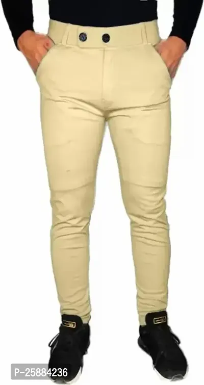 Stylish Beige Lycra Mid-Rise Solid Trousers For Men