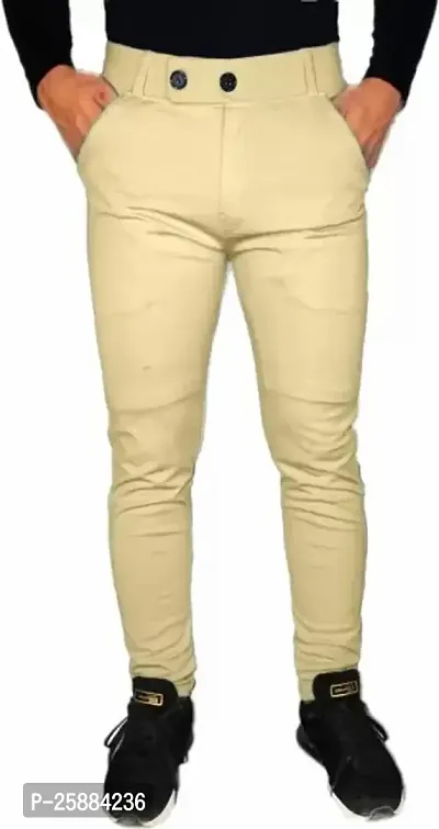 Stylish Beige Lycra Mid-Rise Solid Trousers For Men-thumb0