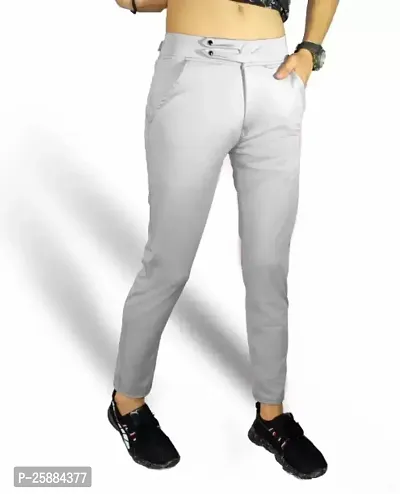 Stylish White Lycra Mid-Rise Solid Trousers For Men