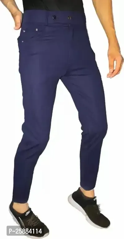 Stylish Navy Blue Lycra Mid-Rise Solid Trousers For Men