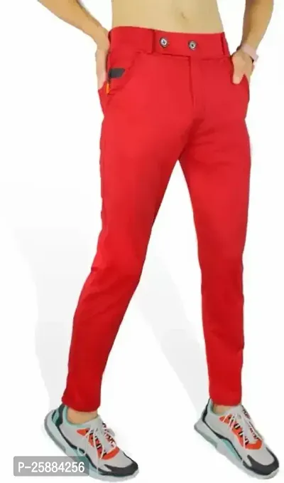 Stylish Red Lycra Mid-Rise Solid Trousers For Men