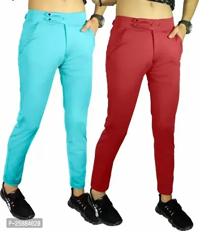 Stylish Multicoloured Lycra Mid-Rise Solid Trousers For Men Pack Of 2-thumb0