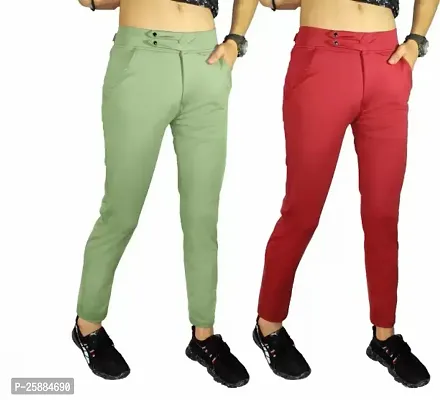 Stylish Multicoloured Lycra Mid-Rise Solid Trousers For Men Pack Of 2-thumb0