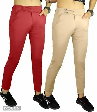 Stylish Multicoloured Lycra Mid-Rise Solid Trousers For Men Pack Of 2