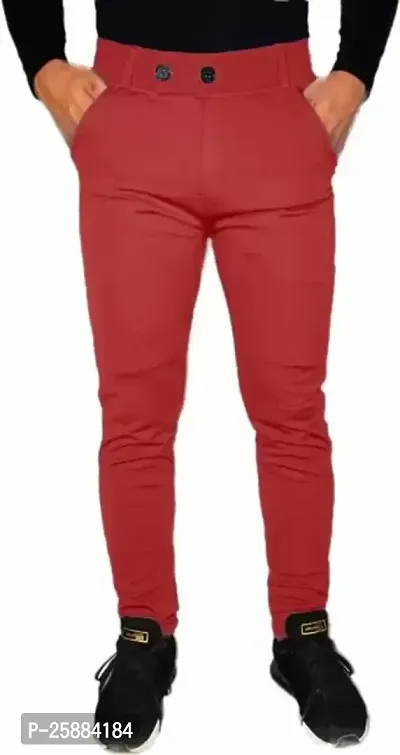 Stylish Red Lycra Mid-Rise Solid Trousers For Men-thumb0