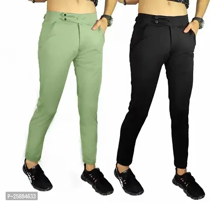 Stylish Multicoloured Lycra Mid-Rise Solid Trousers For Men Pack Of 2-thumb0