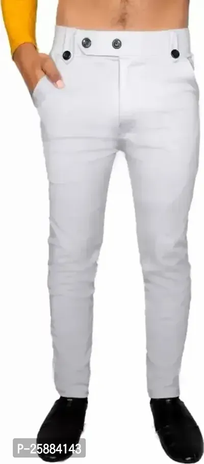 Stylish White Lycra Mid-Rise Solid Trousers For Men-thumb0