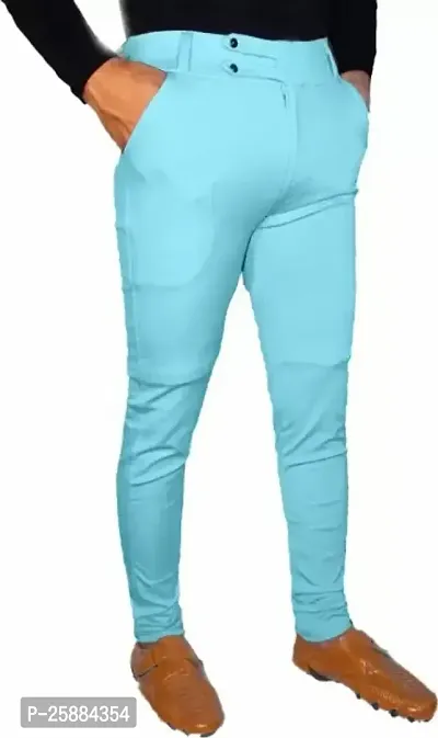 Stylish Blue Lycra Mid-Rise Solid Trousers For Men