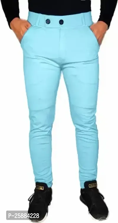 Stylish Blue Lycra Mid-Rise Solid Trousers For Men